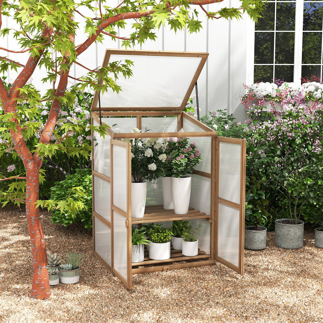Portable mini wooden greenhouse with shelves, perfect for enhancing your gardening experience. Ideal for any gardener. - TidySpaces