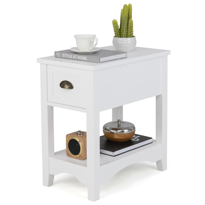 Rectangular Nightstand with 1 Drawer 1 Storing Shelf and 4 Solid Rubber wood Legs