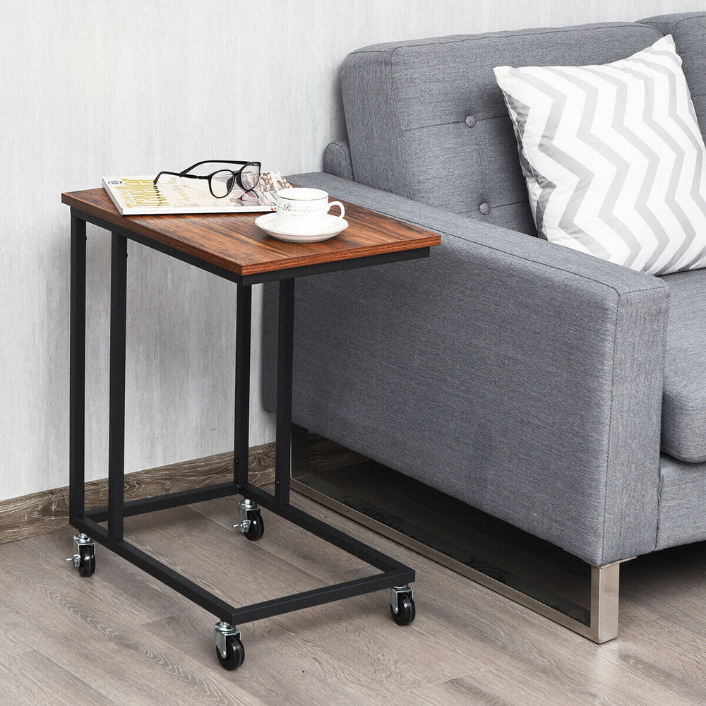 C Shaped Side Table Coffee Laptop Holder Furniture with Wheels Black - TidySpaces