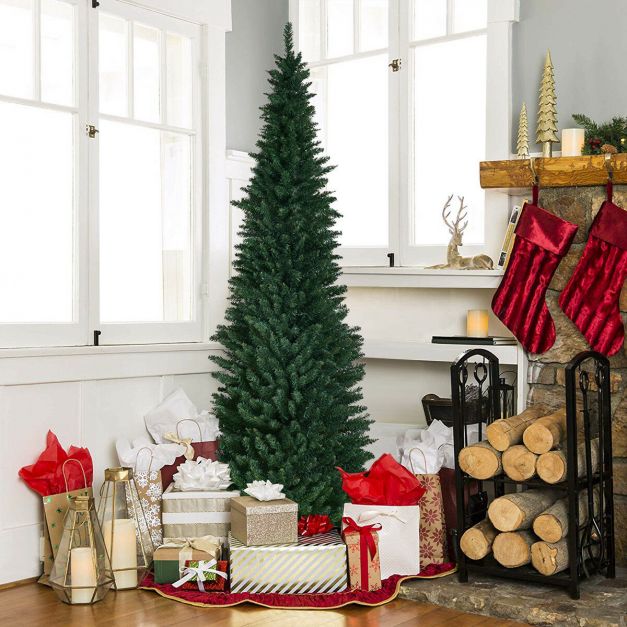 8ft / 2.4m Artificial Pencil Slim Christmas Tree with Metal Stand