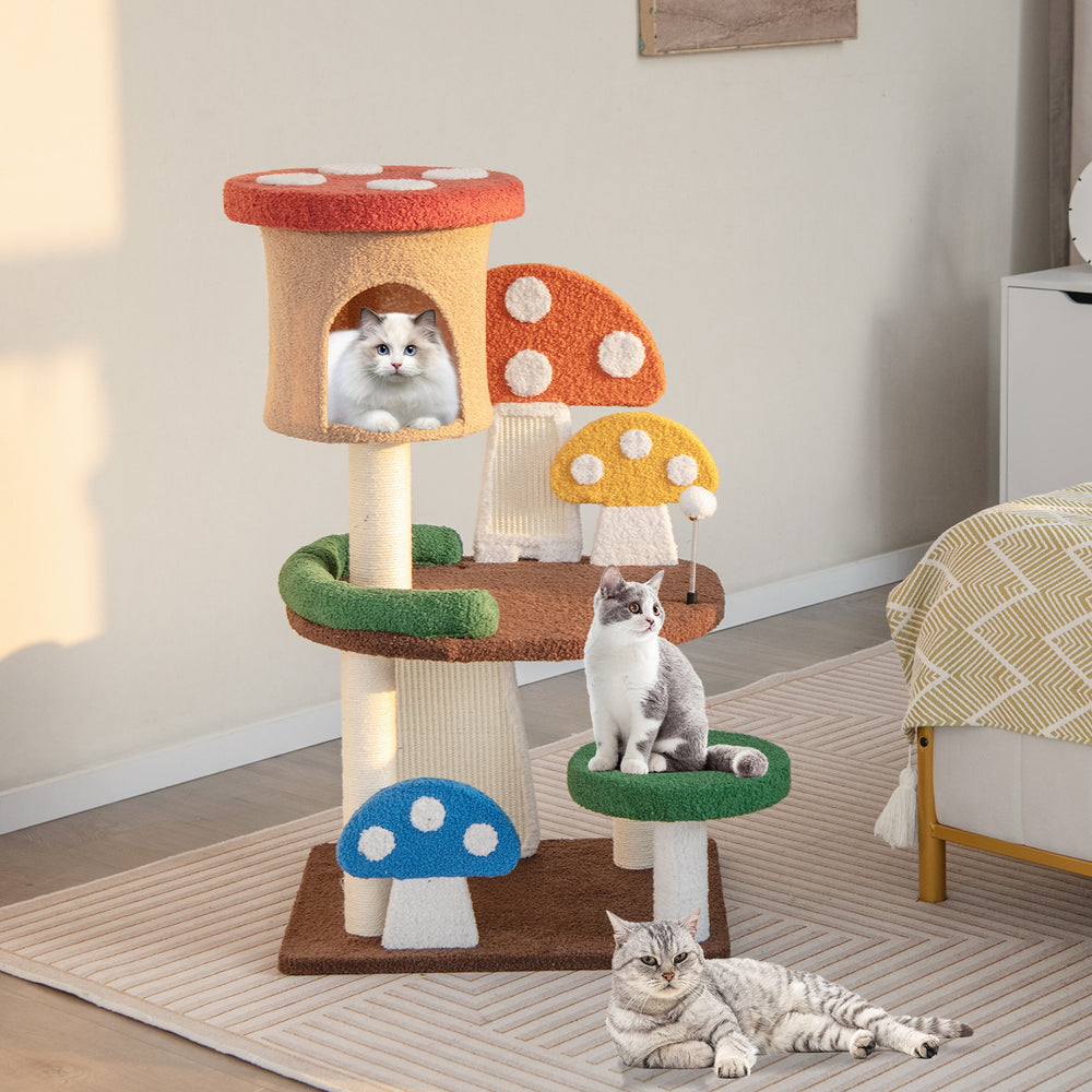 102 cm Mushroom Cat Tree Tower with Natural Sisal Posts-Multicolor - TidySpaces