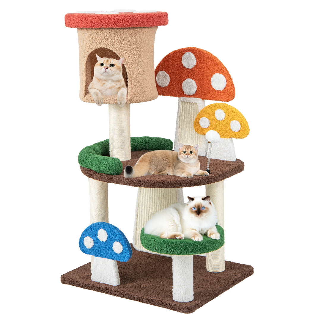 102 cm Mushroom Cat Tree Tower with Natural Sisal Posts-Multicolor - TidySpaces
