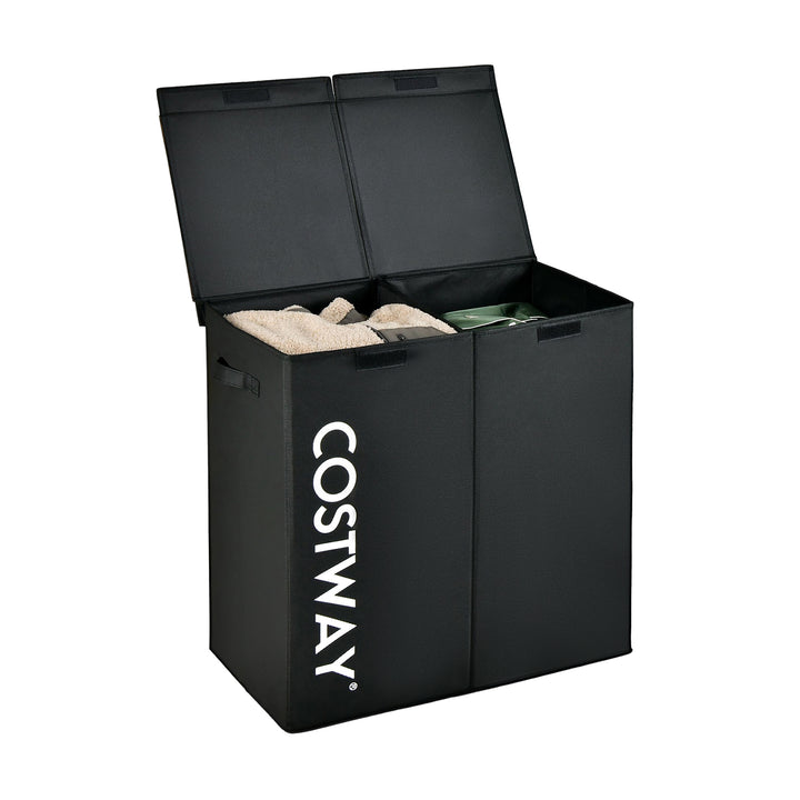 105L Laundry Hamper with Wooden Lid and 2 Sections Black - TidySpaces