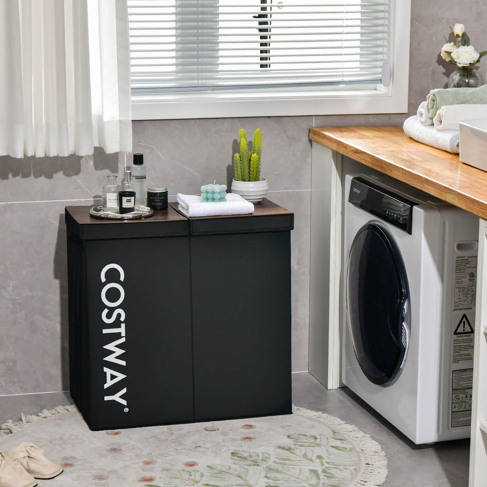105L Laundry Hamper with Wooden Lid and 2 Sections - TidySpaces