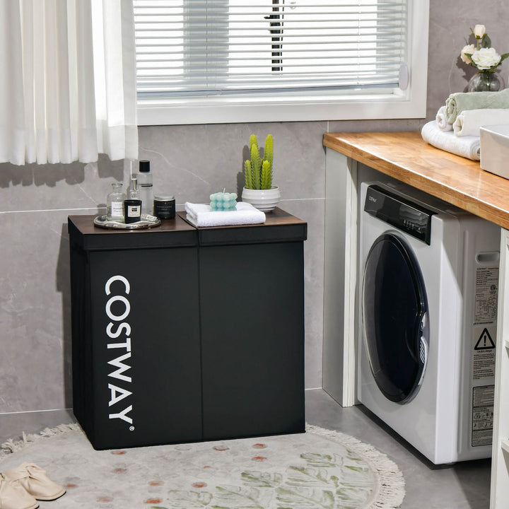 105L Laundry Hamper with Wooden Lid and 2 Sections - TidySpaces