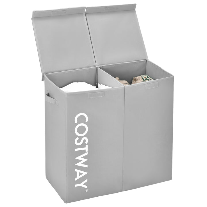 105L Laundry Hamper with Wooden Lid and 2 Sections Grey - TidySpaces