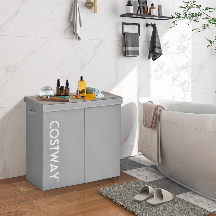 105L Laundry Hamper with Wooden Lid and 2 Sections - TidySpaces