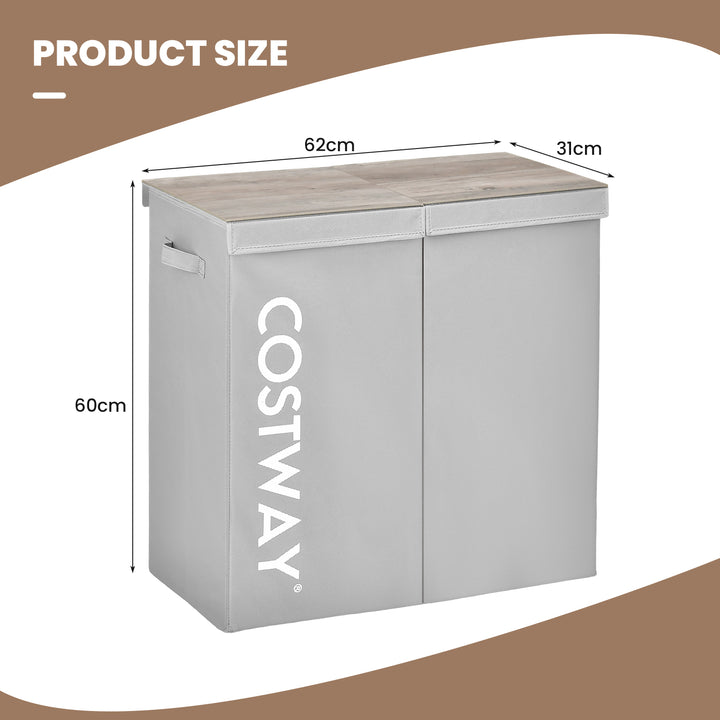 105L Laundry Hamper with Wooden Lid and 2 Sections - TidySpaces