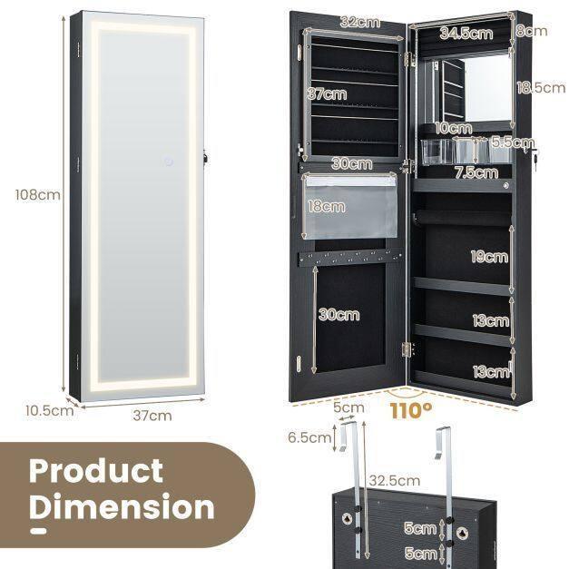 108cm Lockable Jewellery Mirror Cabinet with 3 Colour LED Lights - TidySpaces