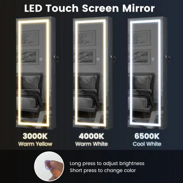 108cm Lockable Jewellery Mirror Cabinet with 3 Colour LED Lights - TidySpaces