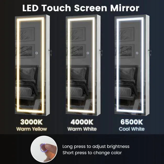 108cm Lockable Jewellery Mirror Cabinet with 3 Colour LED Lights - TidySpaces