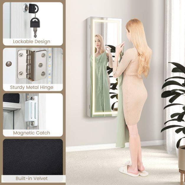 108cm Lockable Jewellery Mirror Cabinet with 3 Colour LED Lights - TidySpaces