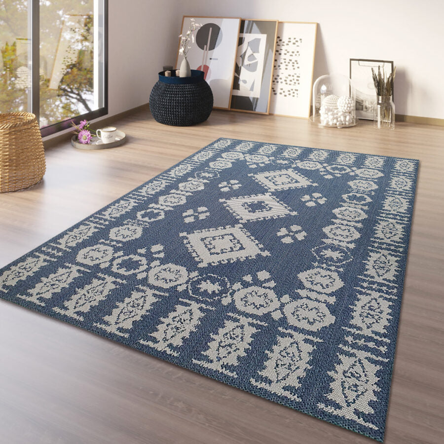 Cotton Rug Navy Blue Grey Moroccan Diamond