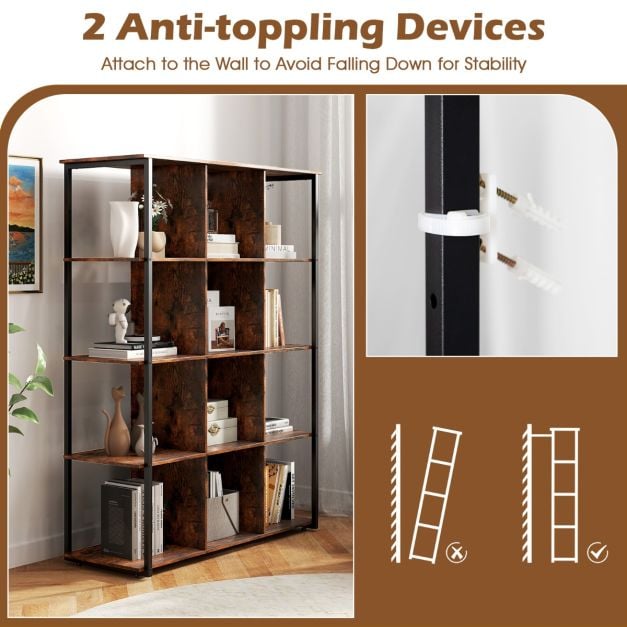 Industrial Open Shelf Display Rack with 2 Anti-tipping Kits for Living Room Bedroom Study in Rustic Brown