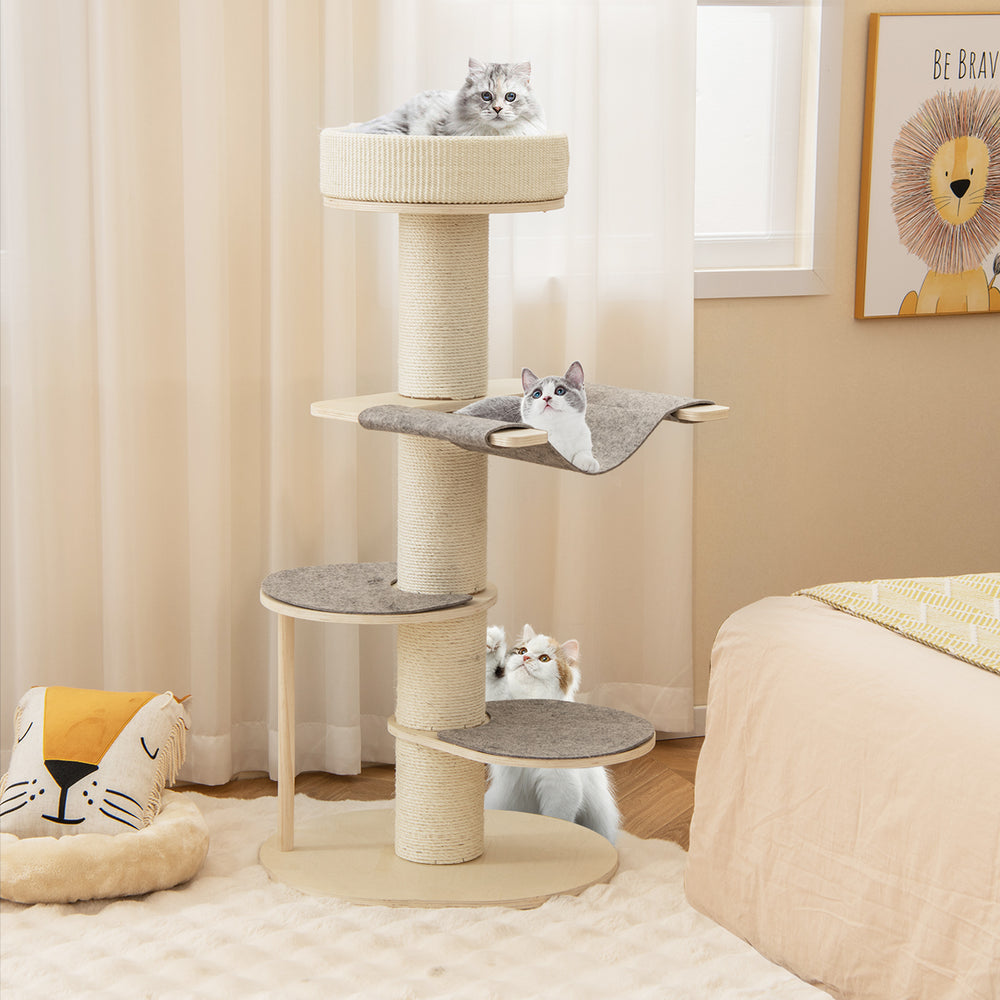 120 CM Multi-layer Cat Tower with Sisal Covered Scratching Posts and Carpet-Grey - TidySpaces