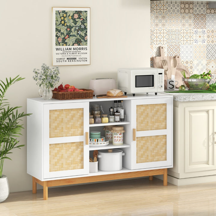 120 CM Sideboard Buffet Cabinet with 2 Bamboo Woven Doors and 3 Open Shelves White