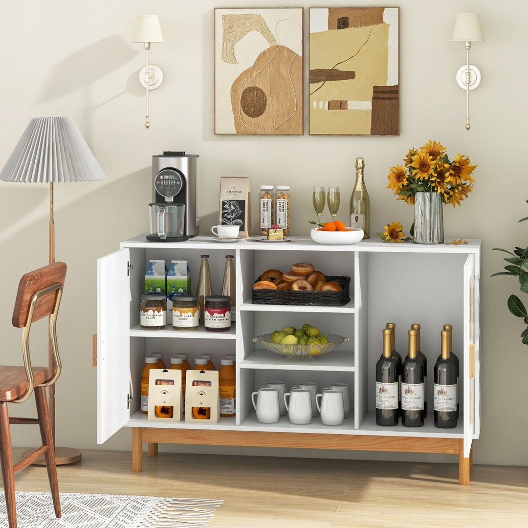 120 CM Sideboard Buffet Cabinet with 2 Bamboo Woven Doors and 3 Open Shelves White