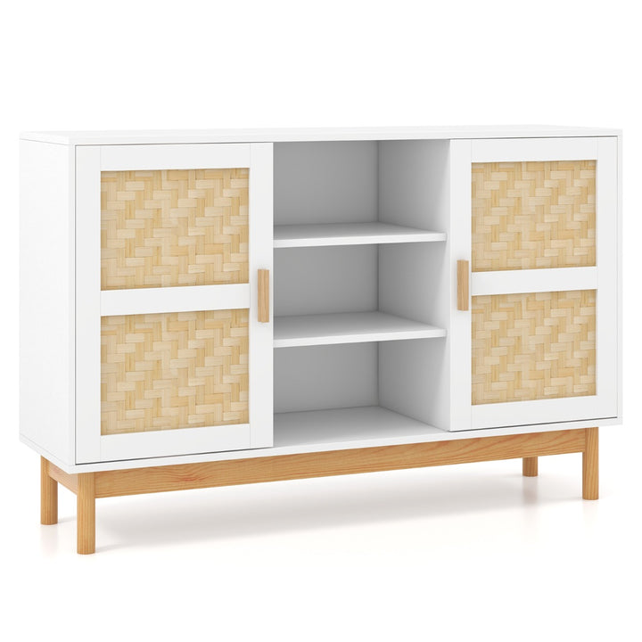 120 CM Sideboard Buffet Cabinet with 2 Bamboo Woven Doors and 3 Open Shelves White