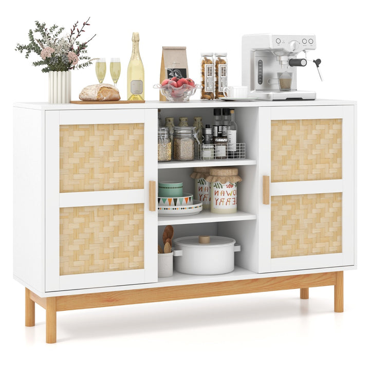 120 CM Sideboard Buffet Cabinet with 2 Bamboo Woven Doors and 3 Open Shelves White