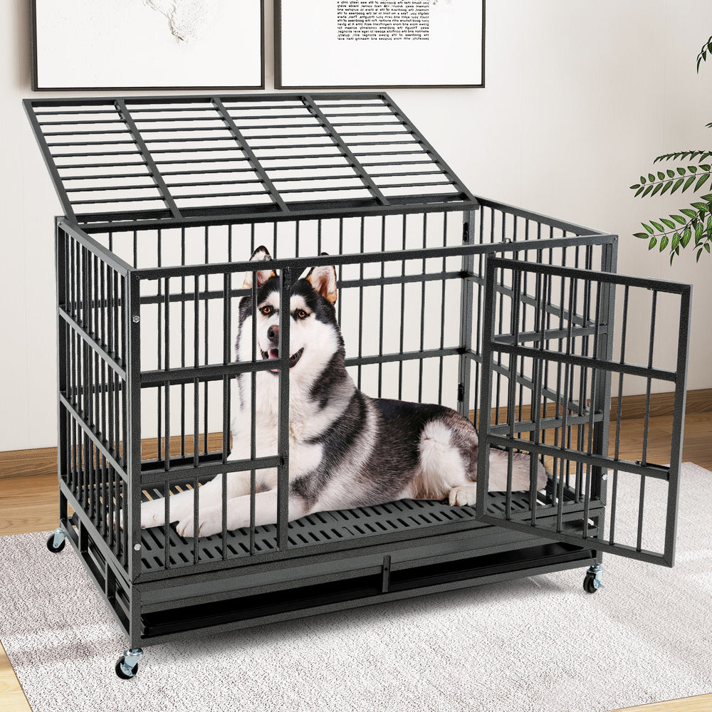Metal Dog Cage Foldable with Double Door and Wheels - TidySpaces
