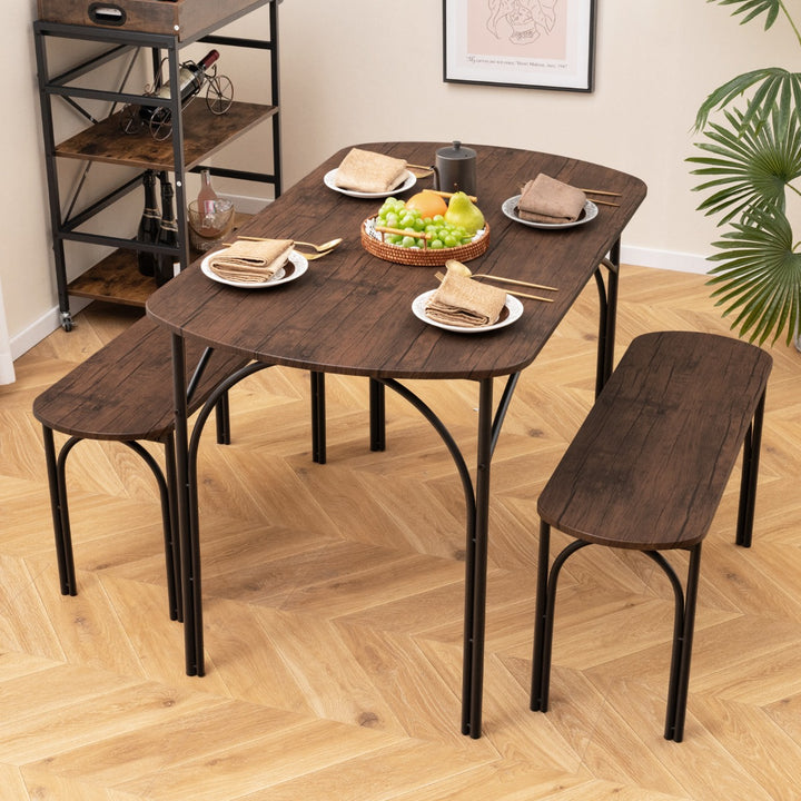 120cm Space Saving Kitchen table set with Wooden Table and 2 Benches-Brown - TidySpaces