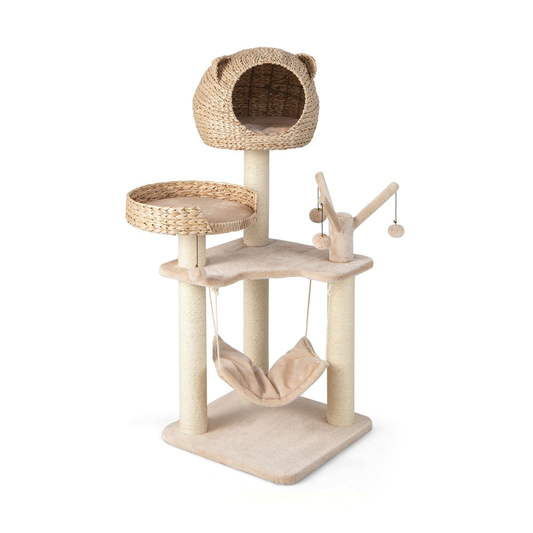121 CM Tall Cat Tree Tower with Cattail Fluff Cat Condo-Natural - TidySpaces
