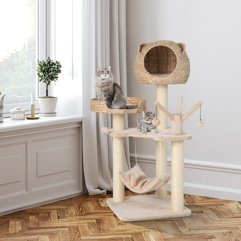121 CM Tall Cat Tree Tower with Cattail Fluff Cat Condo-Natural - TidySpaces
