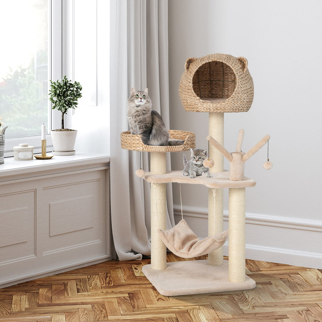 121 CM Tall Cat Tree Tower with Cattail Fluff Cat Condo-Natural - TidySpaces