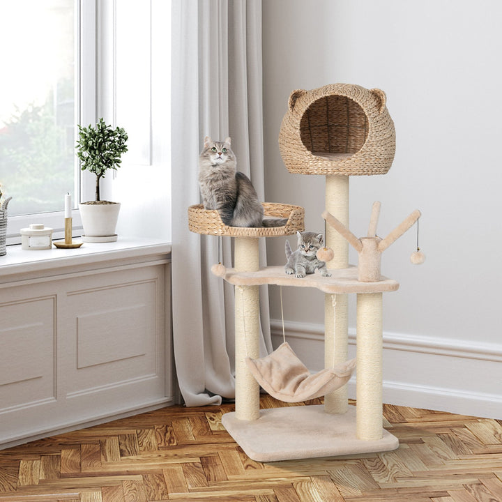 121 CM Tall Cat Tree Tower with Cattail Fluff Cat Condo-Natural - TidySpaces
