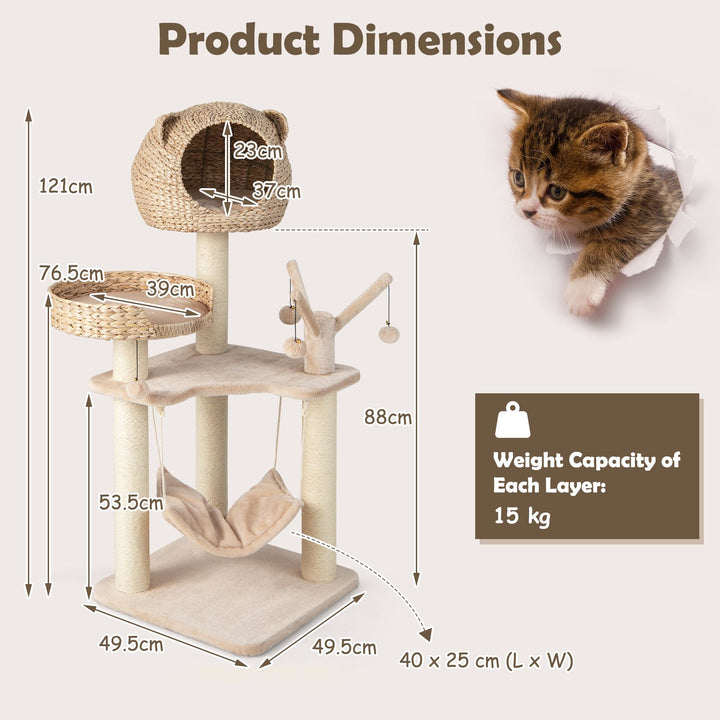 121 CM Tall Cat Tree Tower with Cattail Fluff Cat Condo-Natural - TidySpaces