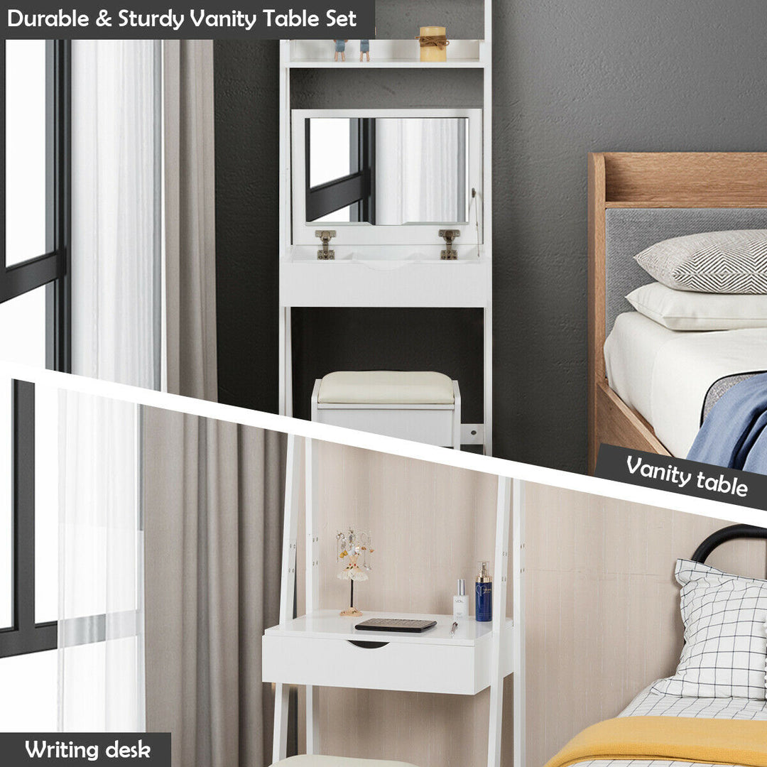 Ladder Styled Dressing Table with Shelves, Mirror and Stool - TidySpaces