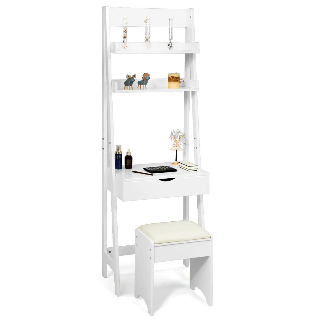 Ladder Styled Dressing Table with Shelves, Mirror and Stool - TidySpaces