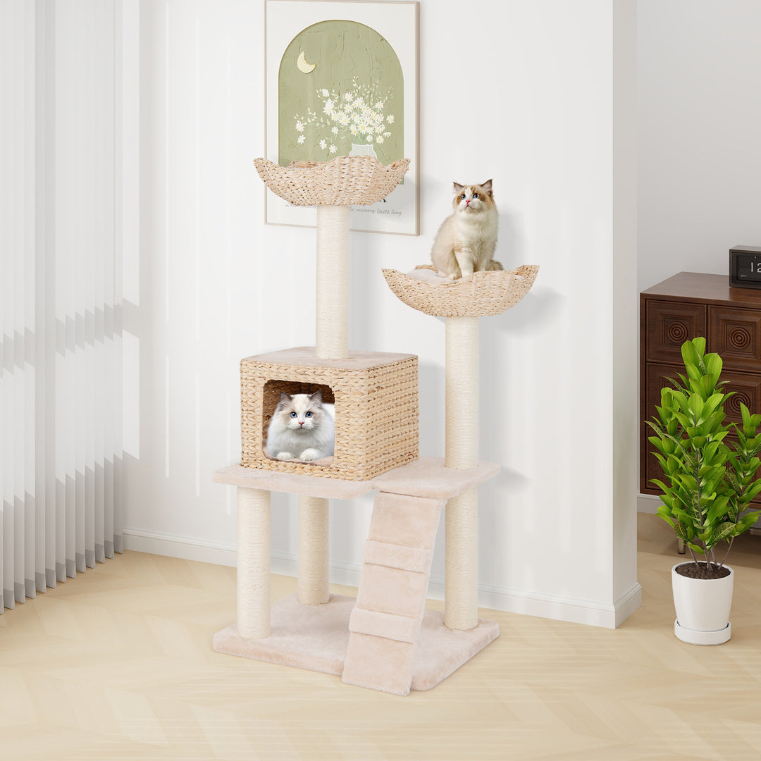 122 cm Cattail Cat Tree with Sisal Scratching Posts Perch Condo and Basket Bed-Beige - TidySpaces
