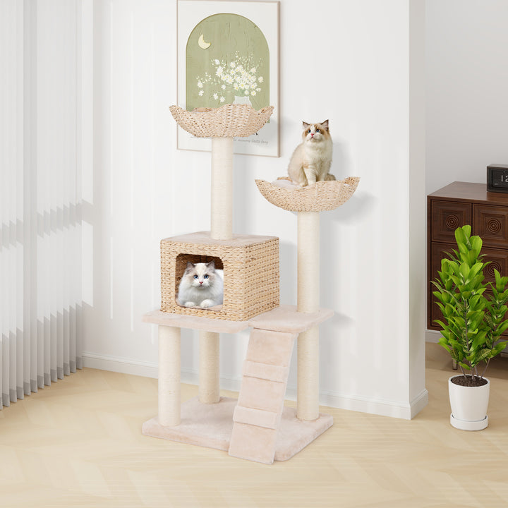 122 cm Cattail Cat Tree with Sisal Scratching Posts Perch Condo and Basket Bed-Beige - TidySpaces