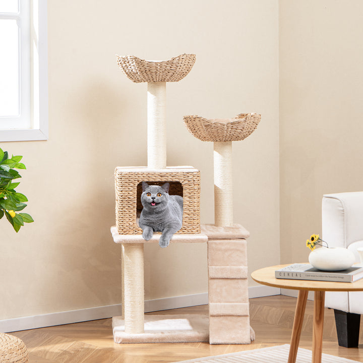 122 cm Cattail Cat Tree with Sisal Scratching Posts Perch Condo and Basket Bed-Beige - TidySpaces