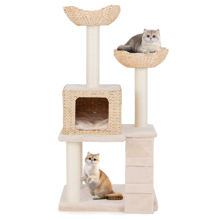 122 cm Cattail Cat Tree with Sisal Scratching Posts Perch Condo and Basket Bed-Beige - TidySpaces