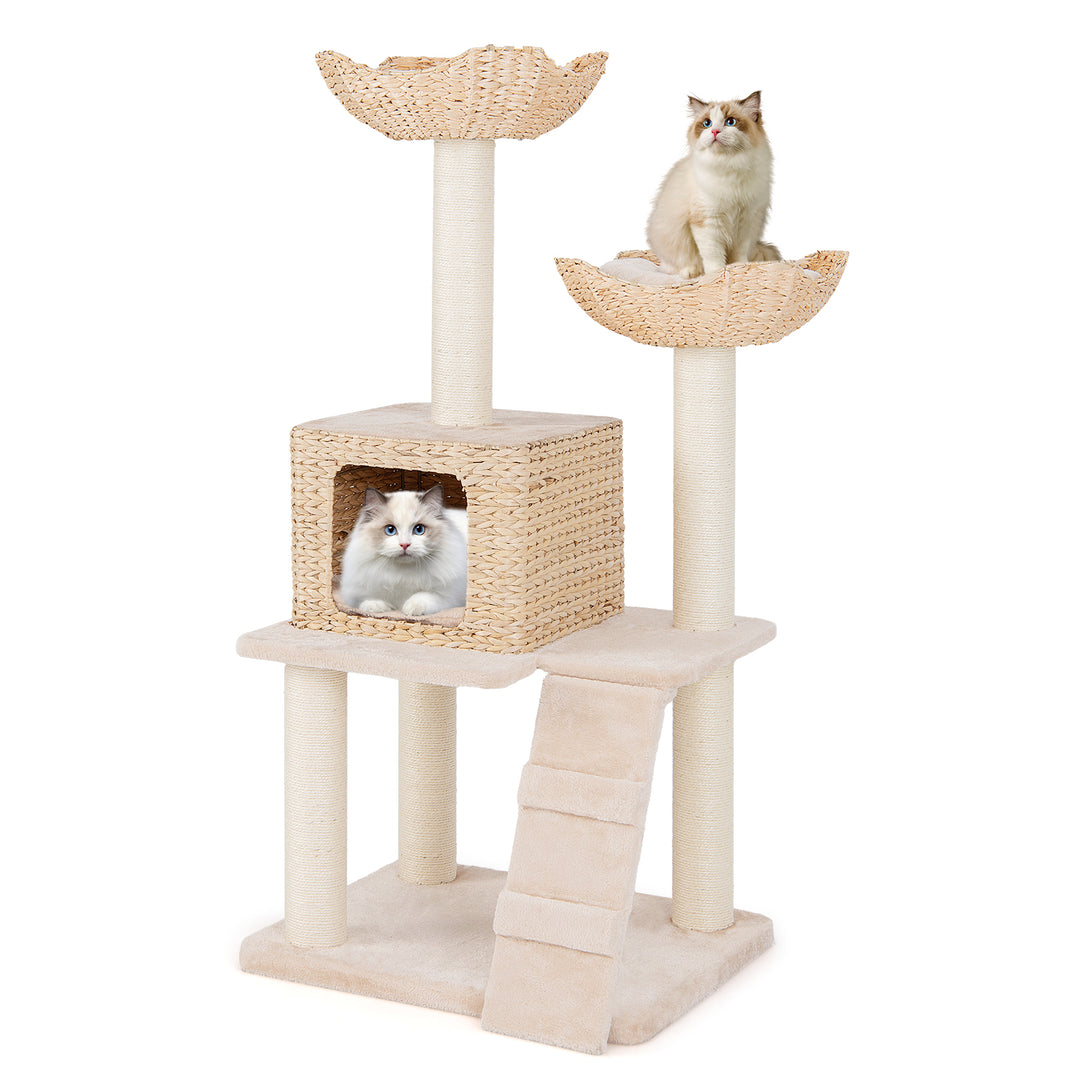 122 cm Cattail Cat Tree with Sisal Scratching Posts Perch Condo and Basket Bed-Beige - TidySpaces