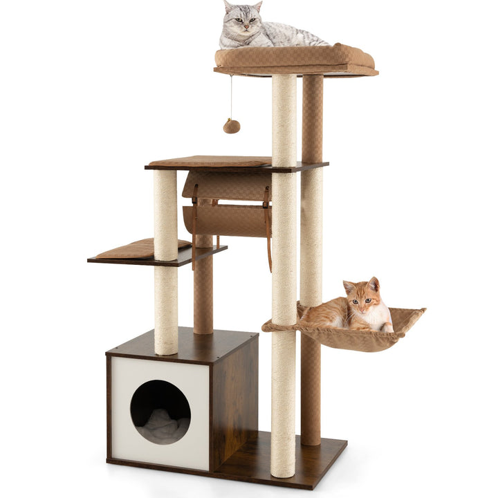 127cm Wood Cat Tree with Hammock and Swing Tunnel Brown - TidySpaces