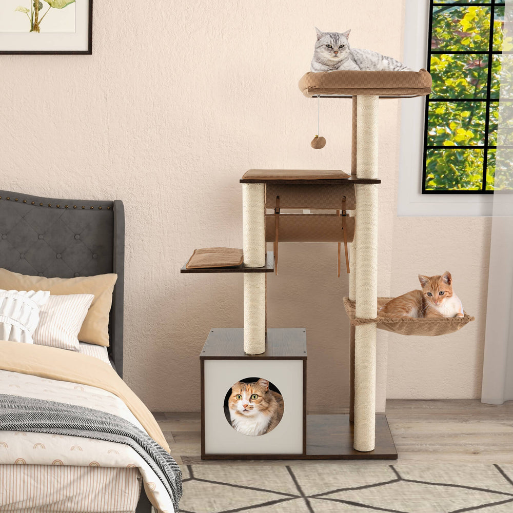 127cm Wood Cat Tree with Hammock and Swing Tunnel - TidySpaces