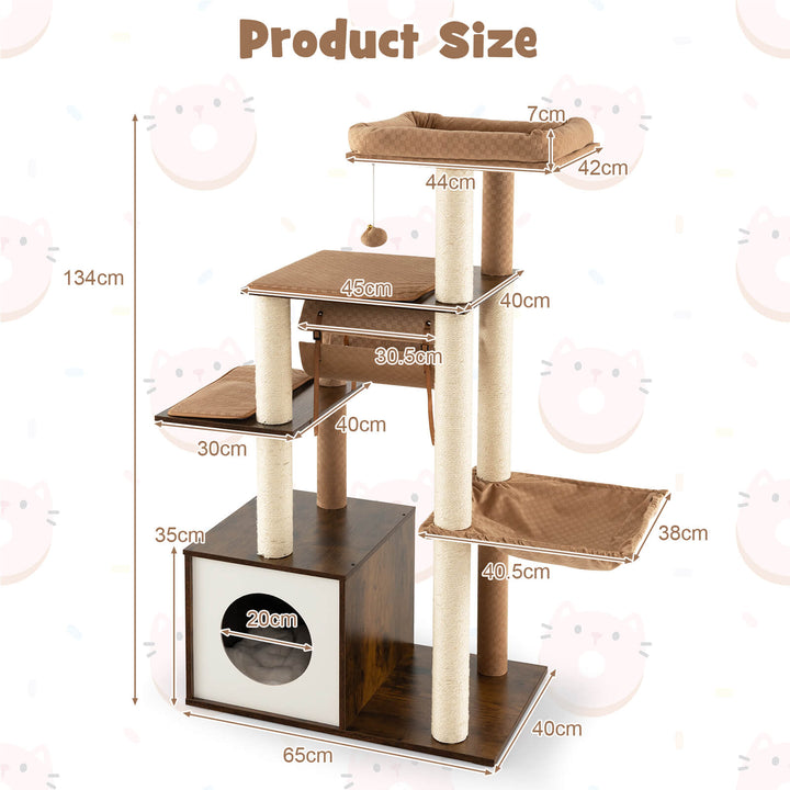 127cm Wood Cat Tree with Hammock and Swing Tunnel - TidySpaces