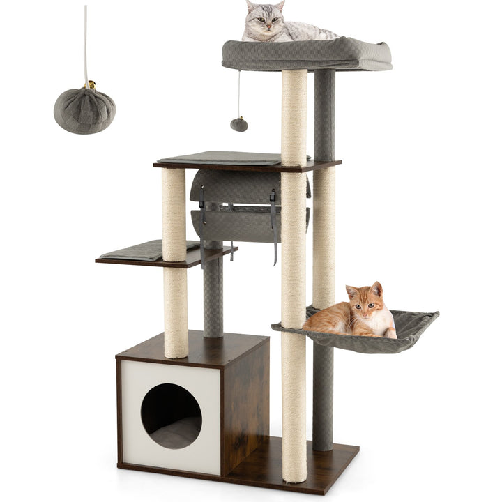 127cm Wood Cat Tree with Hammock and Swing Tunnel Grey - TidySpaces