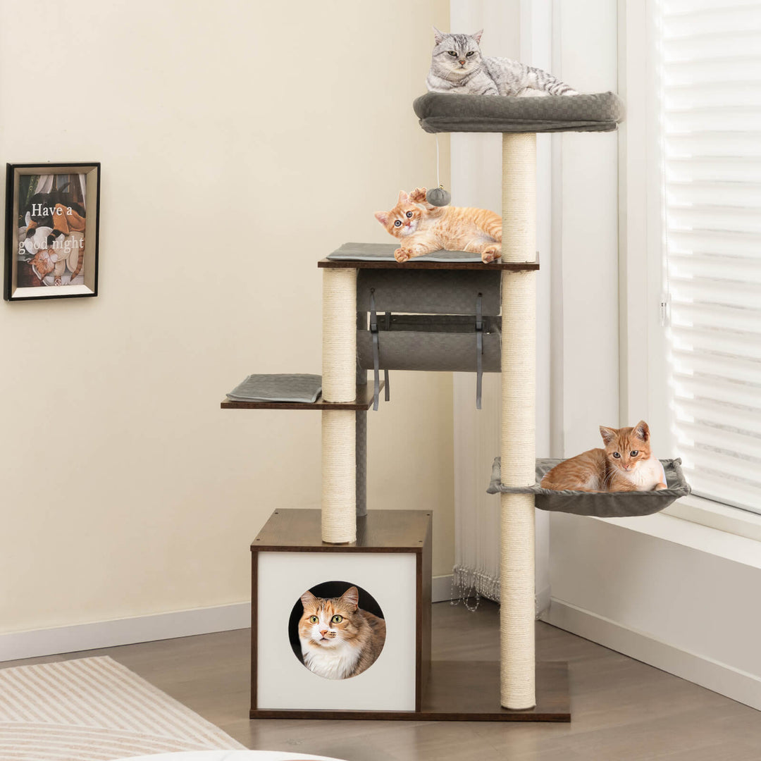 127cm Wood Cat Tree with Hammock and Swing Tunnel - TidySpaces