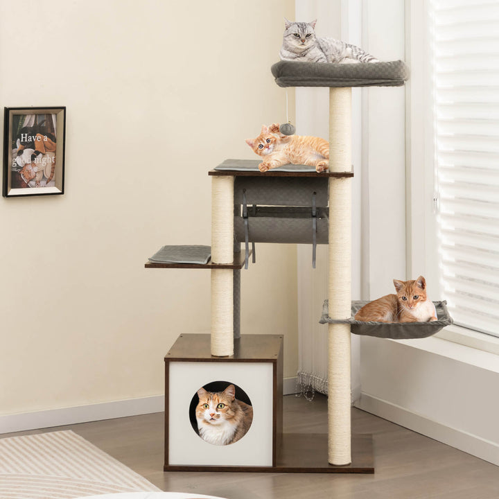 127cm Wood Cat Tree with Hammock and Swing Tunnel - TidySpaces
