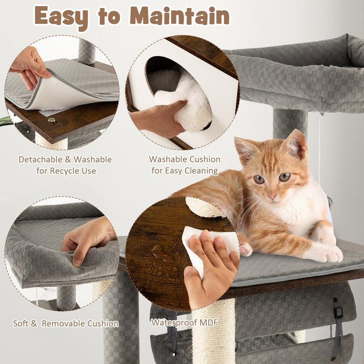 127cm Wood Cat Tree with Hammock and Swing Tunnel - TidySpaces