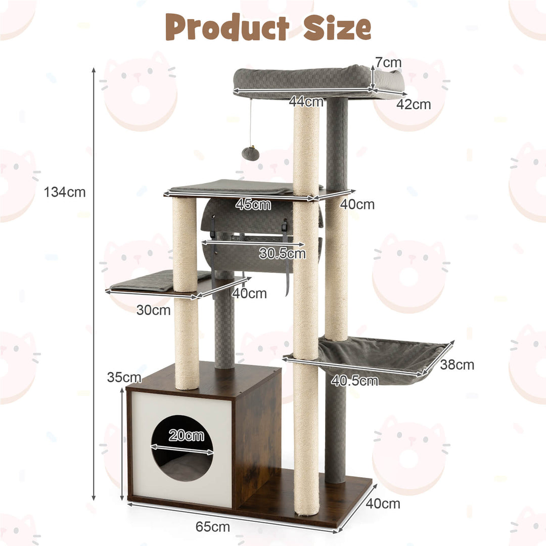 127cm Wood Cat Tree with Hammock and Swing Tunnel - TidySpaces