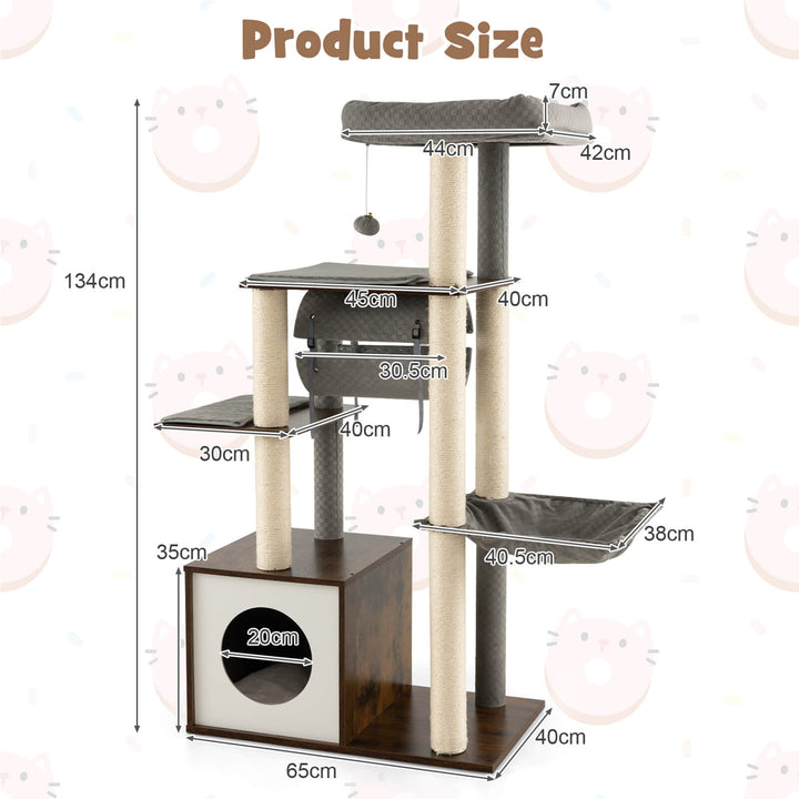 127cm Wood Cat Tree with Hammock and Swing Tunnel - TidySpaces