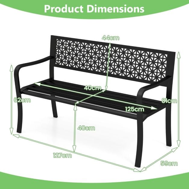 127CM Garden Bench with Patterned Backrest and Curved Armrests2-3-Person Patio Bench-Black