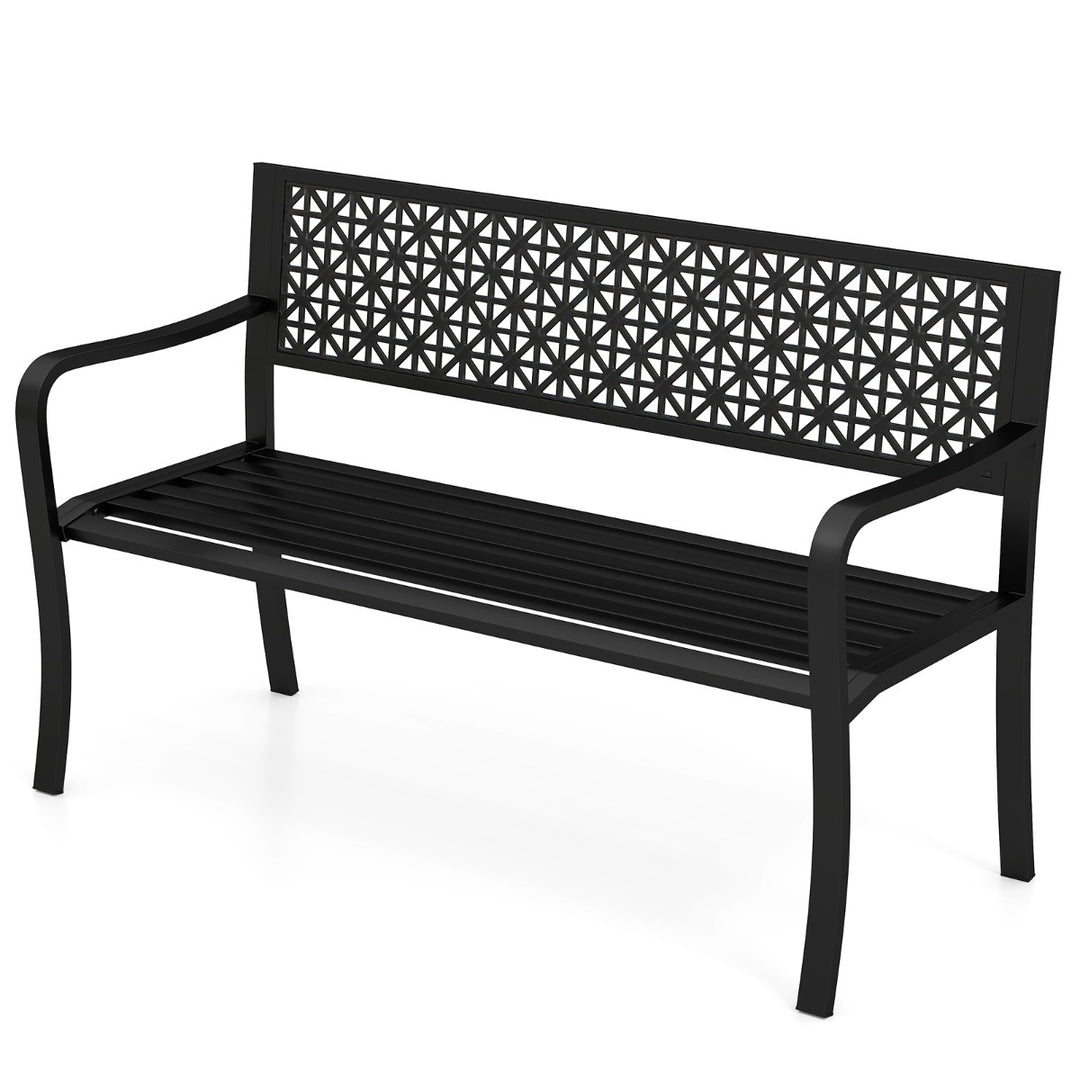 127CM Garden Bench with Patterned Backrest and Curved Armrests2-3-Person Patio Bench-Black