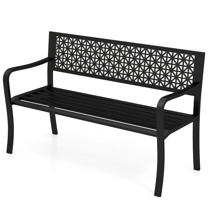 127CM Garden Bench with Patterned Backrest and Curved Armrests2-3-Person Patio Bench-Black