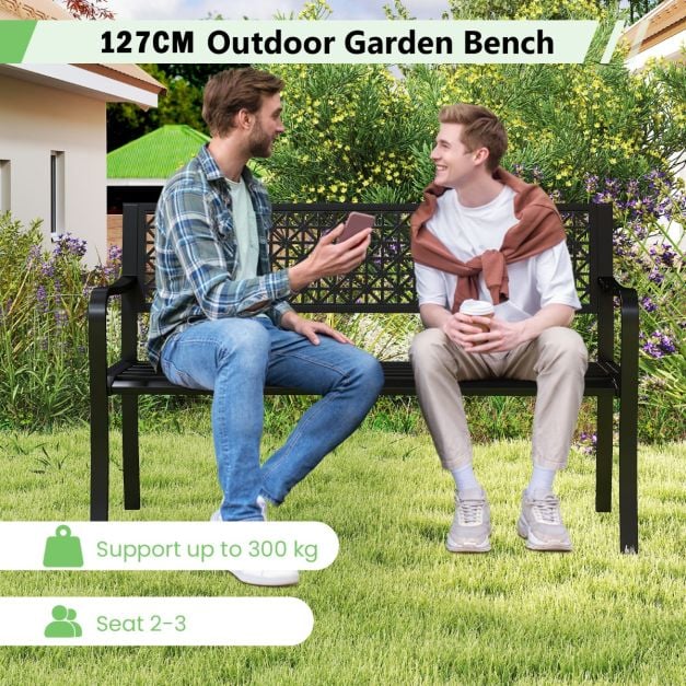 127CM Garden Bench with Patterned Backrest and Curved Armrests2-3-Person Patio Bench-Black